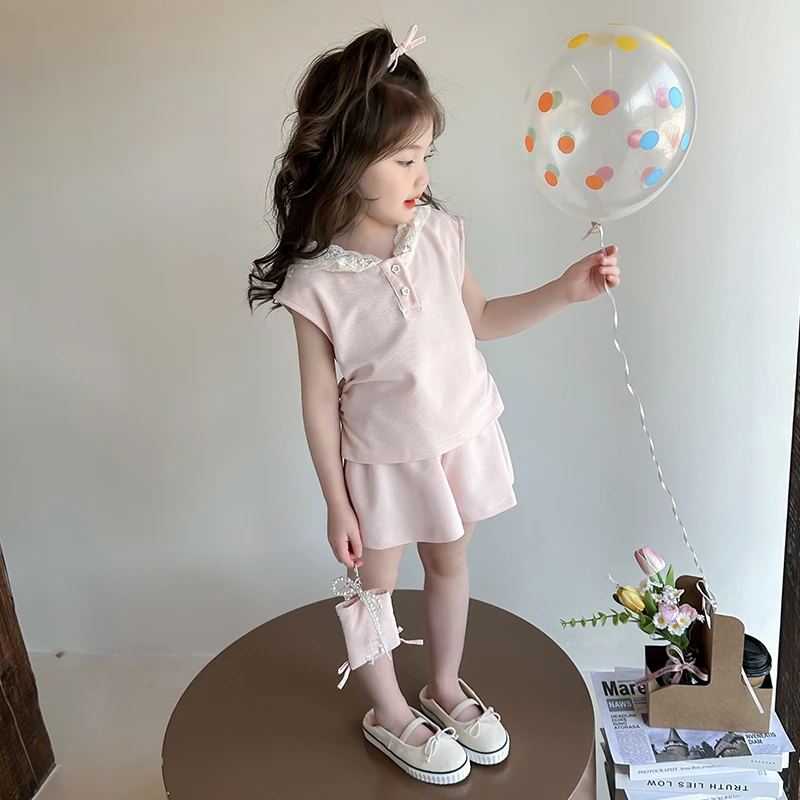 女童夏季新款套装儿童时髦蕾丝花边背心短裤两件套小女孩韩版夏装