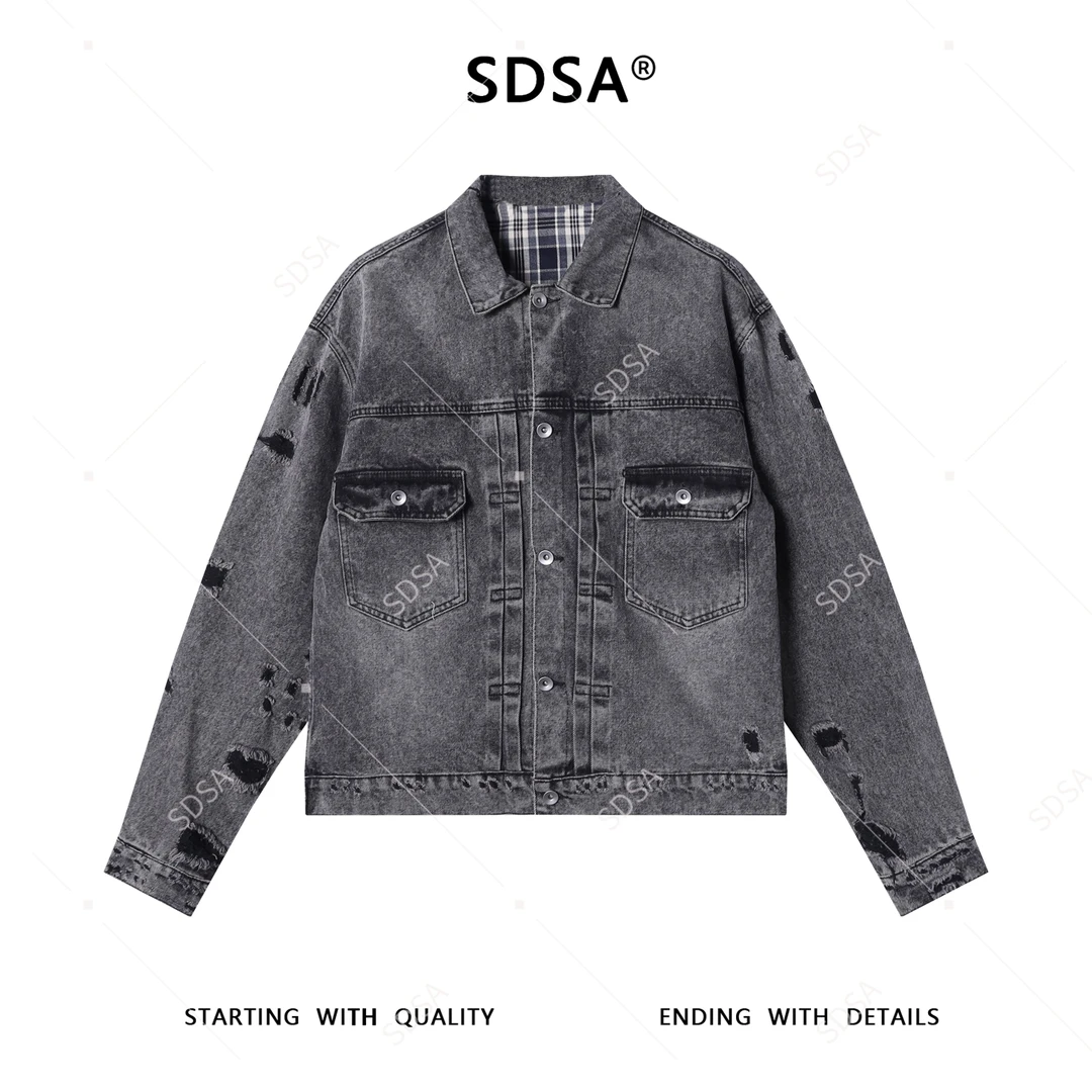 SDSA男士秋冬新款痞帅男装简约磨白磨破翻领纽扣夹克外套百搭时尚