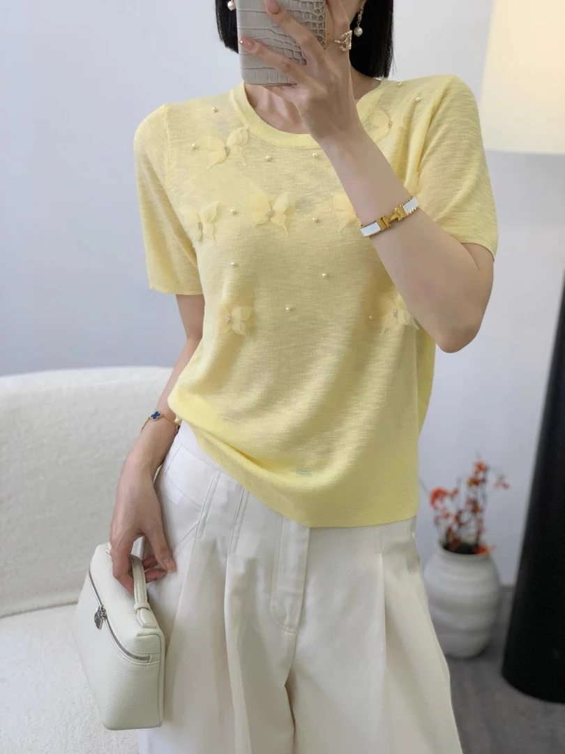 2025夏季新款钉珠蝴蝶圆领时尚气质女人味高级感竹节麻短袖针织衫