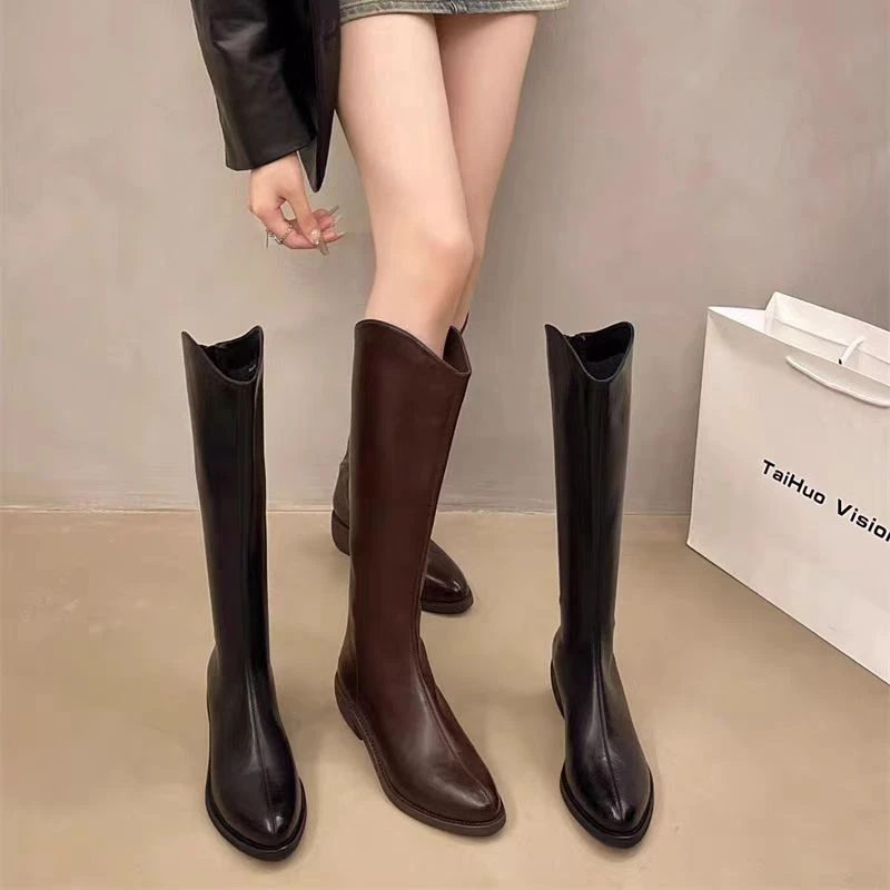 尖头西部靴女不过膝棕色冬季时尚透气2024新款中跟粗跟9-175B