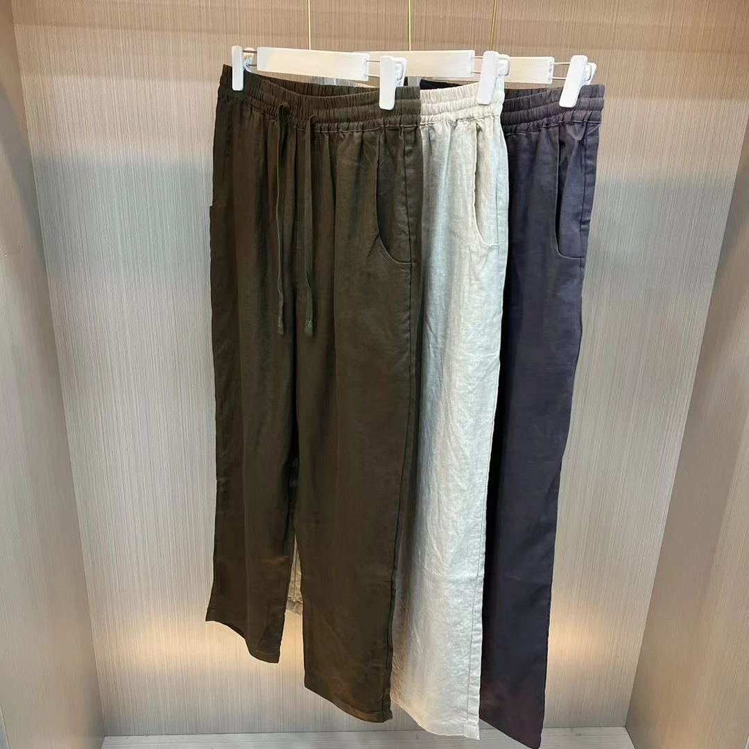 松弛感 特宽版 老爹款100%亚麻 男士松紧高腰休闲长裤