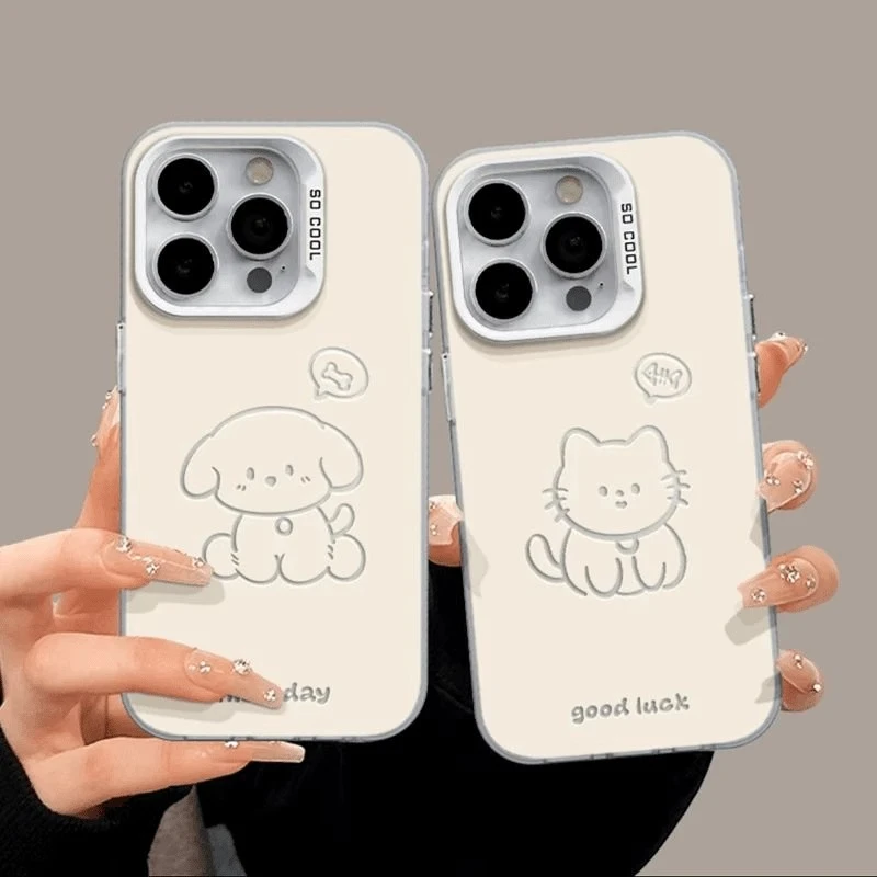 线条小狗小猫适用16promax苹果13情侣手机壳iPhone12镭射15简约14