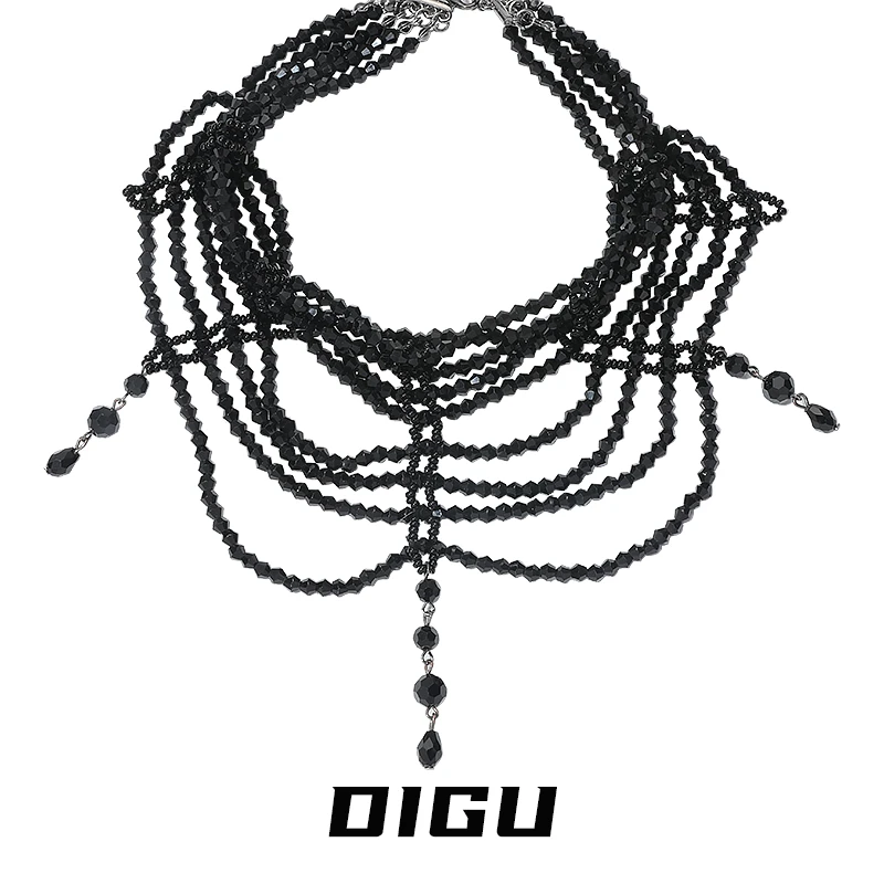 嘀咕家 铜合金亚克力项链 哥特风多层水晶串珠项链蛛网锁骨链颈链