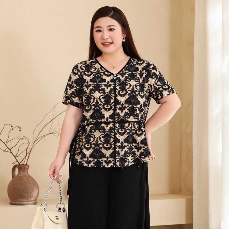 阔太太大码女装花色上衣胖mm夏季短袖百搭雪纺衫宽松遮肚小衫
