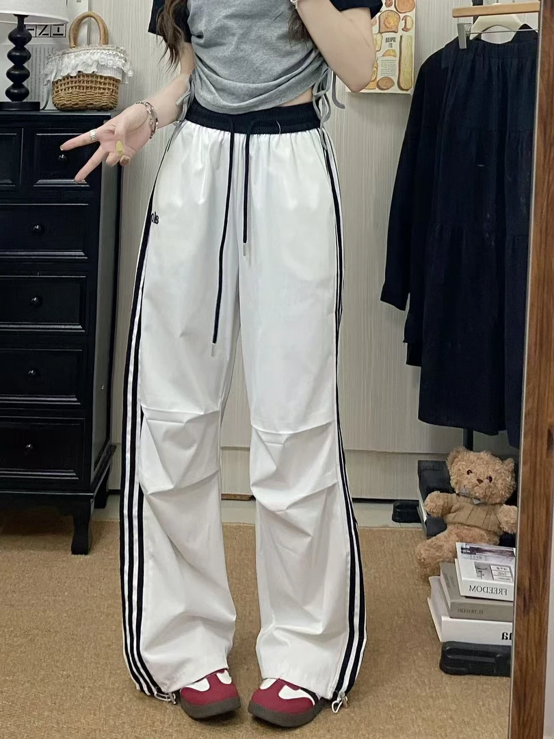 百搭2025工装裤高腰抽绳条纹束脚裤运动裤立体刺绣显瘦阔腿裤夏季