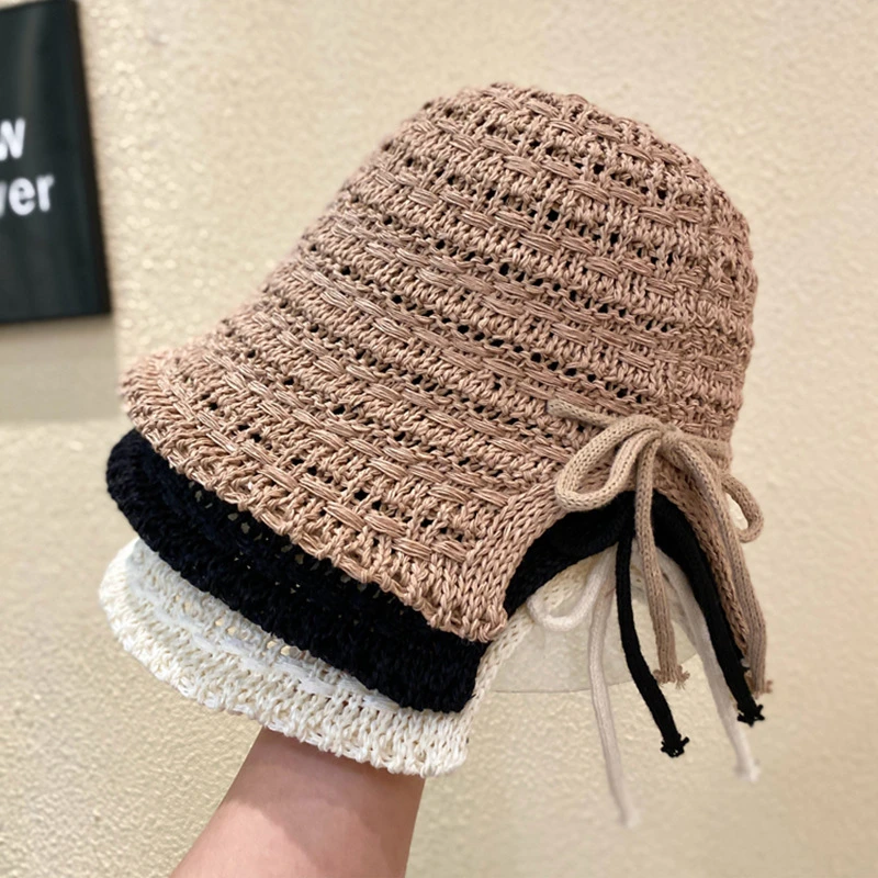 ins日系显脸小后开叉针织水桶帽女夏季镂空透气蝴蝶结渔夫帽遮阳