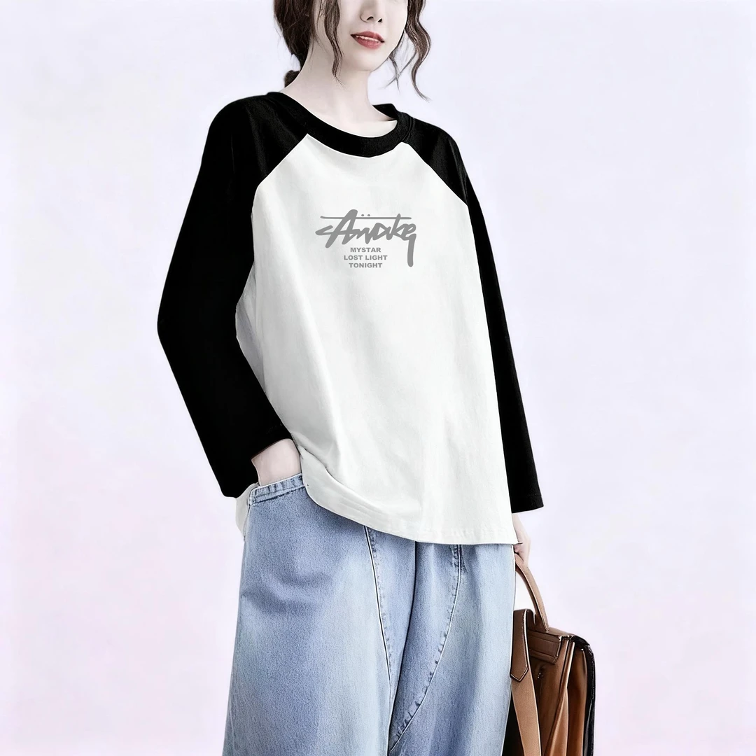 纯棉时尚气质长袖t恤女春秋宽松显瘦拼色大码胖mm减龄印花上衣