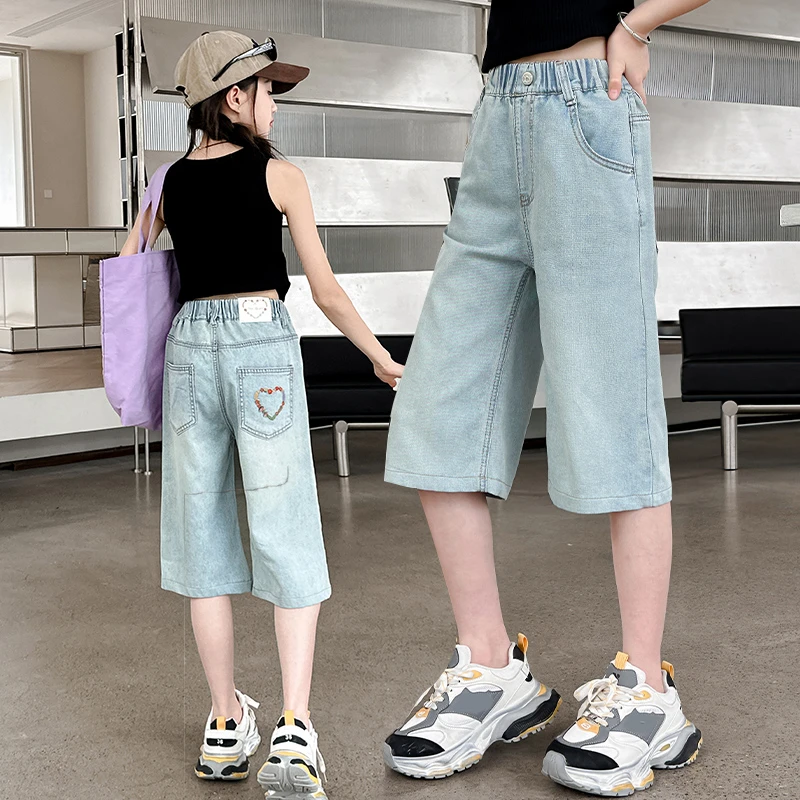 女童牛仔短裤夏装2025新款中大童洋气韩版牛仔中裤七分裤夏季薄款