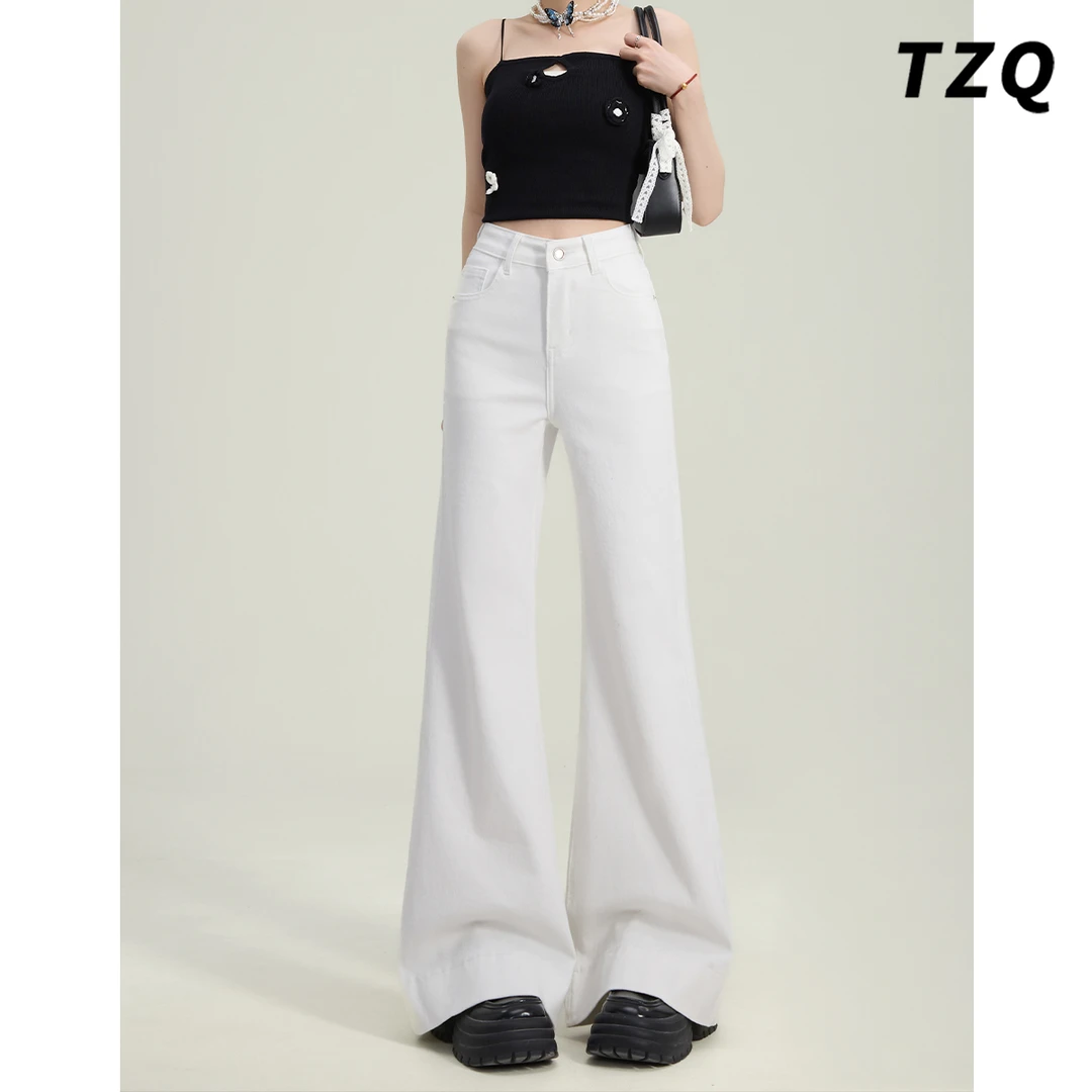 0018【金拐子专属】白色高腰牛仔裤女2025新款不贴腿微喇拖地裤子