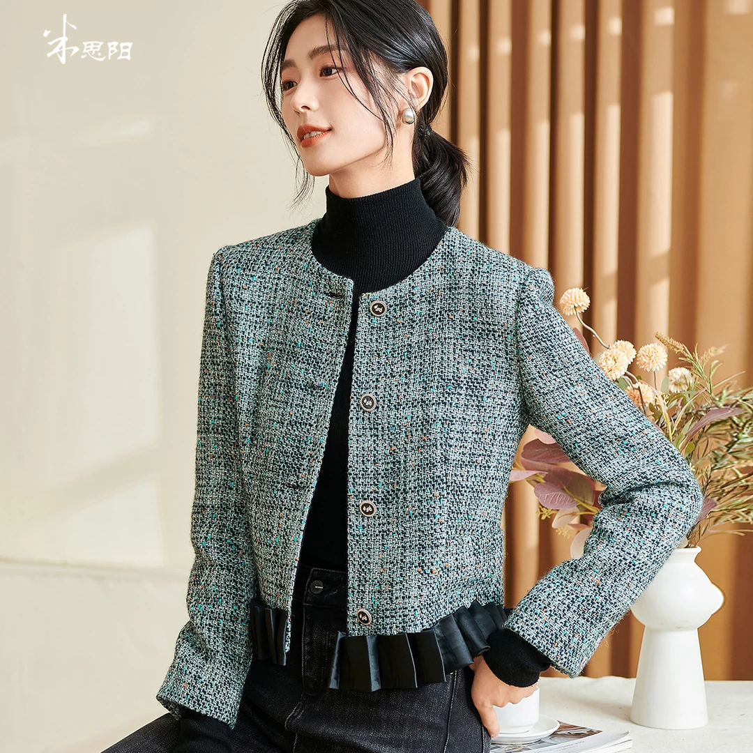 【小熊专属】休闲小香风短外套圆领撞色绵羊毛呢子上衣女5R23DW3521