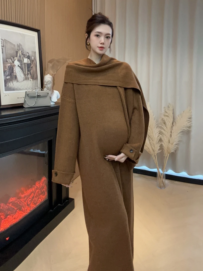 Zoey孕妇装［冬日爱丁堡］冬季加厚针织弹力显瘦孕妈长款围巾连衣裙