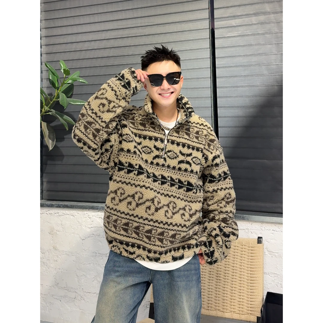 YULE语乐 90338国风摇粒绒卫衣冬季重磅加绒加厚复古花纹立领卫衣