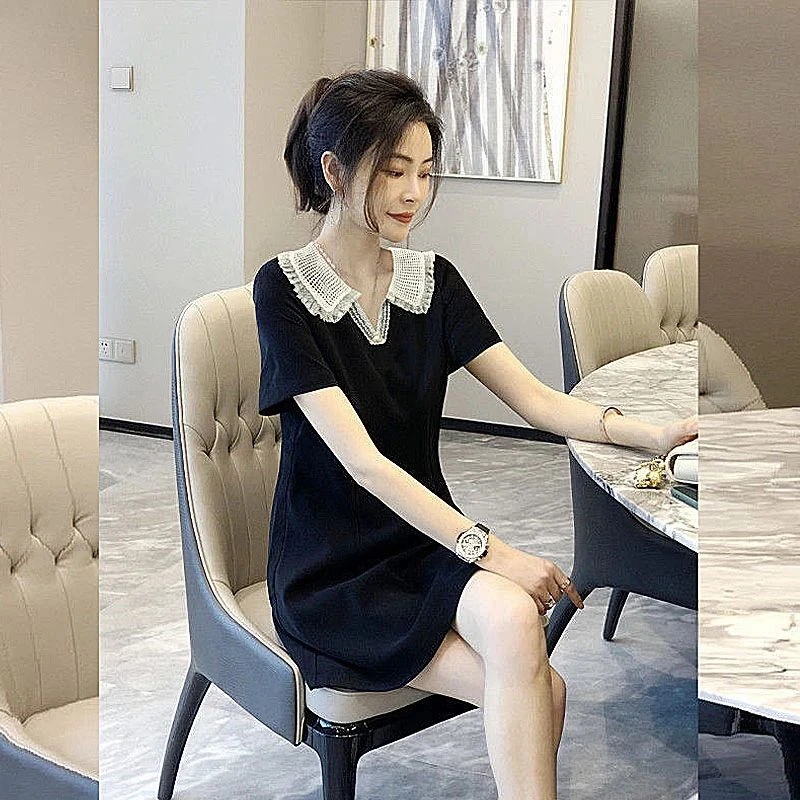 5842 黑色V领蕾丝连衣裙女小个子气质裙子时尚夏季新款欧洲站