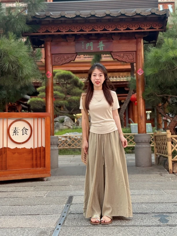 小个子罗罗【禅意风套装+项链】上衣高腰松紧腰裙裤两件套