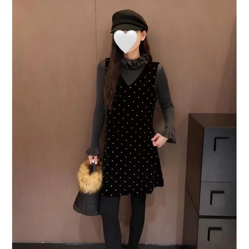 1247重工钉钻无袖中长裙打底衫两件套秋冬小香丝绒叠穿背心裙