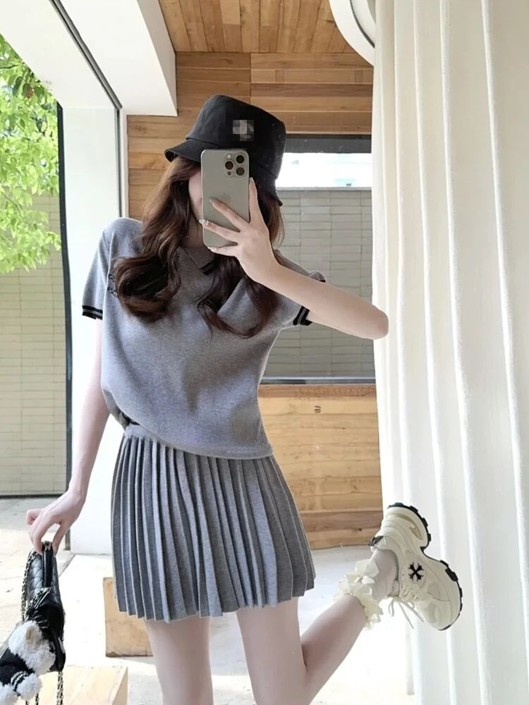 868夏季新款学院风减龄洋气POLO衫盐系宽松休闲短袖上衣百褶短裙