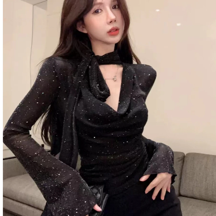 黑色长袖法式V领宽松T恤2024秋新款chic上衣ML睡衣睡裙