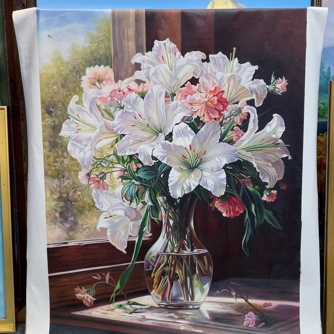 【闪购商品】油画写实百合花手绘油画画芯80×100含框