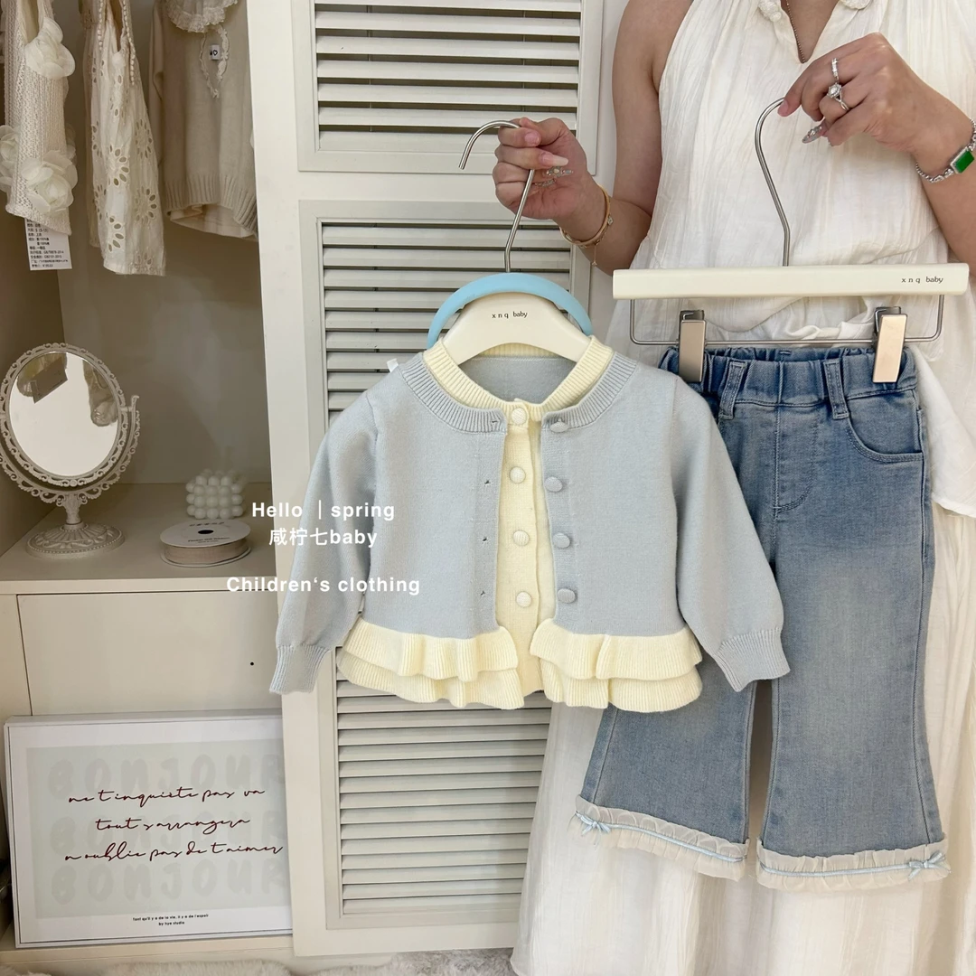 咸柠七童装女童假两件针织开衫春秋儿童小女孩洋气木耳边毛衣