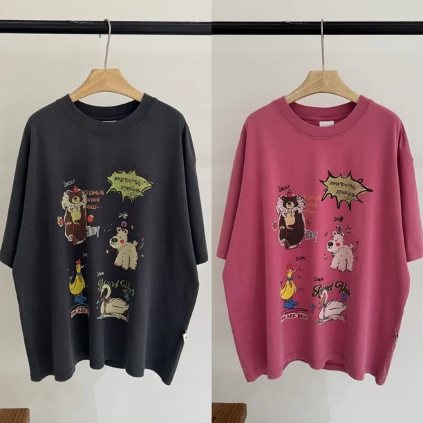 【骑单车狗熊】皇冠夏季新款做旧宽松洋气中长款大版短袖T恤上衣女