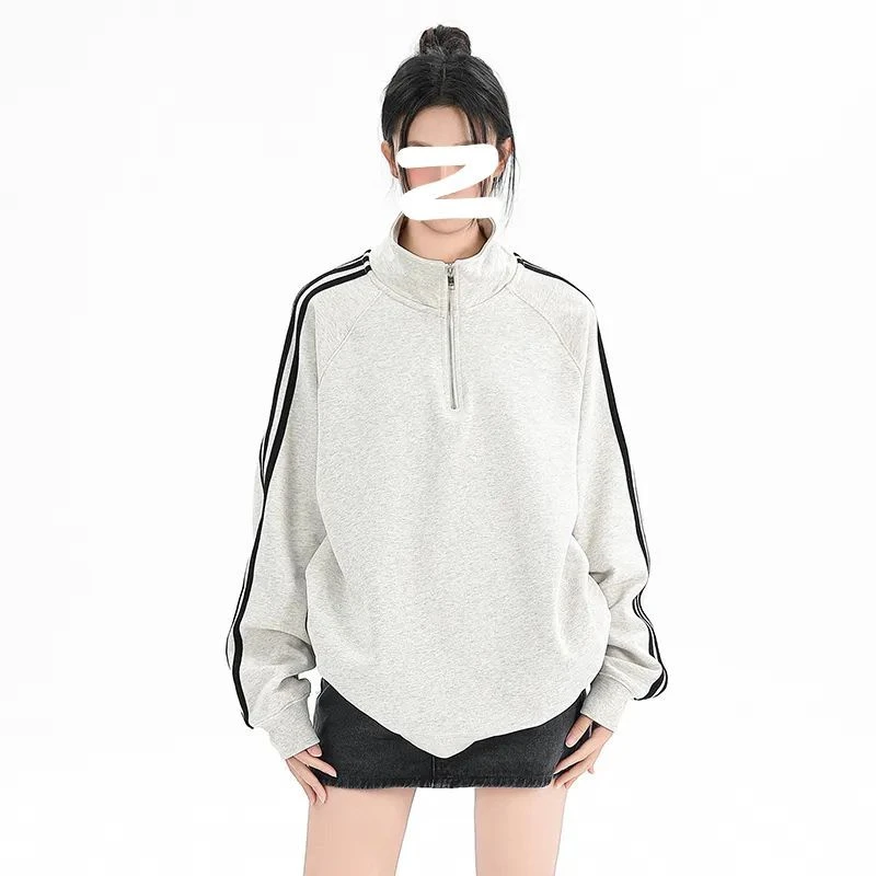 大码180斤复古韩系宽松早秋新款条纹立领半拉链长袖卫衣百搭上衣