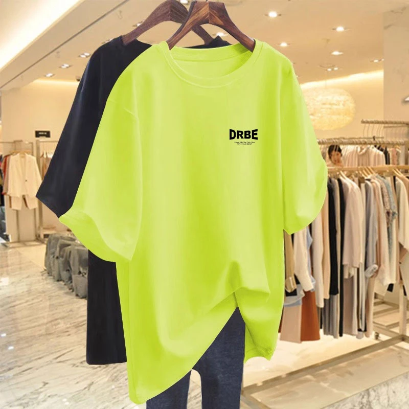 中长版纯棉荧光绿短袖t恤女新款上衣休闲圆领大板遮屁股体恤ins潮