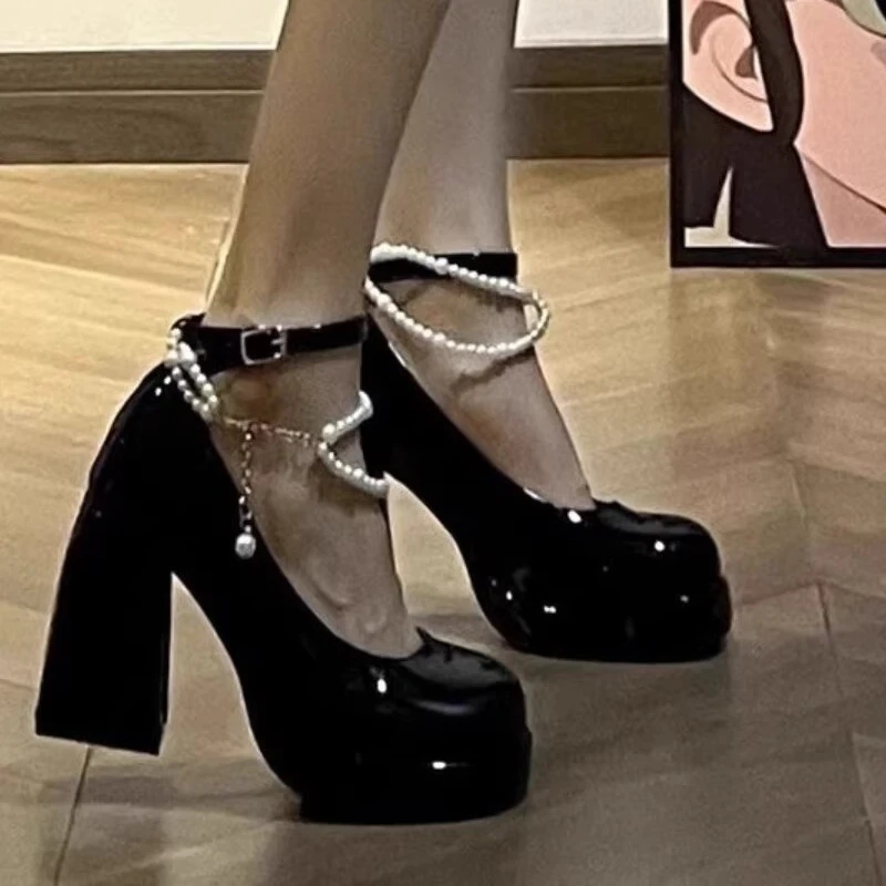 原创法式设计感小众珍珠粗跟高跟鞋一字带小个子复古玛丽珍女鞋子