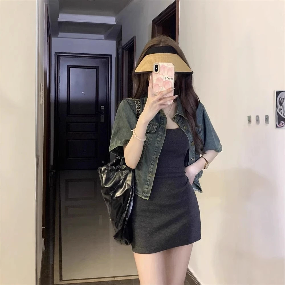 夏日小个子气质通勤纯色牛仔外套女复古风辣妹吊带短裙两件套装
