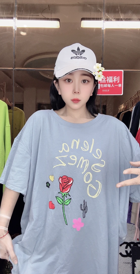 外贸纯棉大码T恤淡蓝色玫瑰花