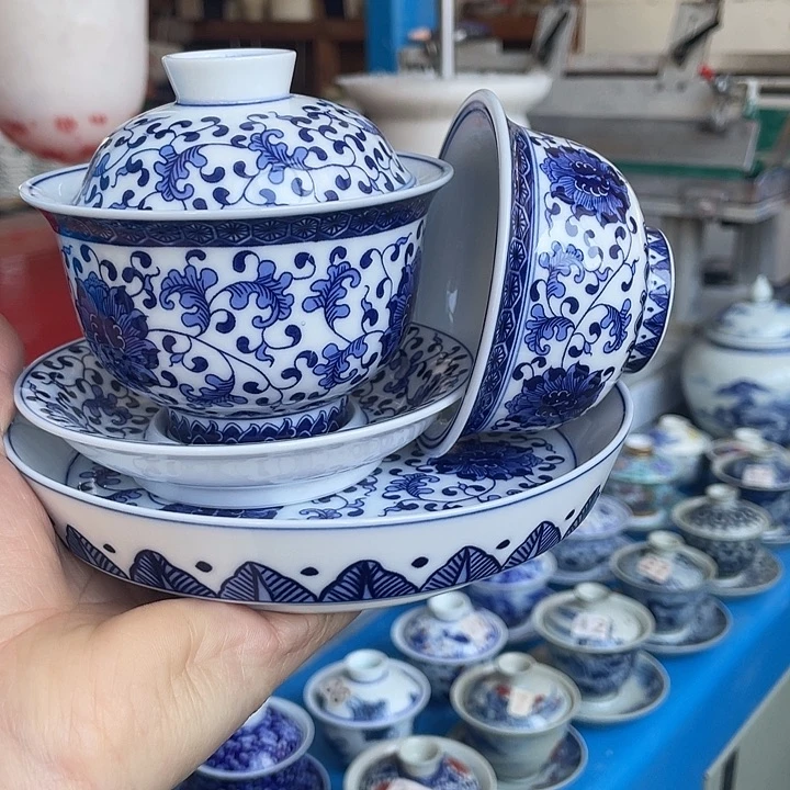 青花釉下彩盖碗杯子壶承