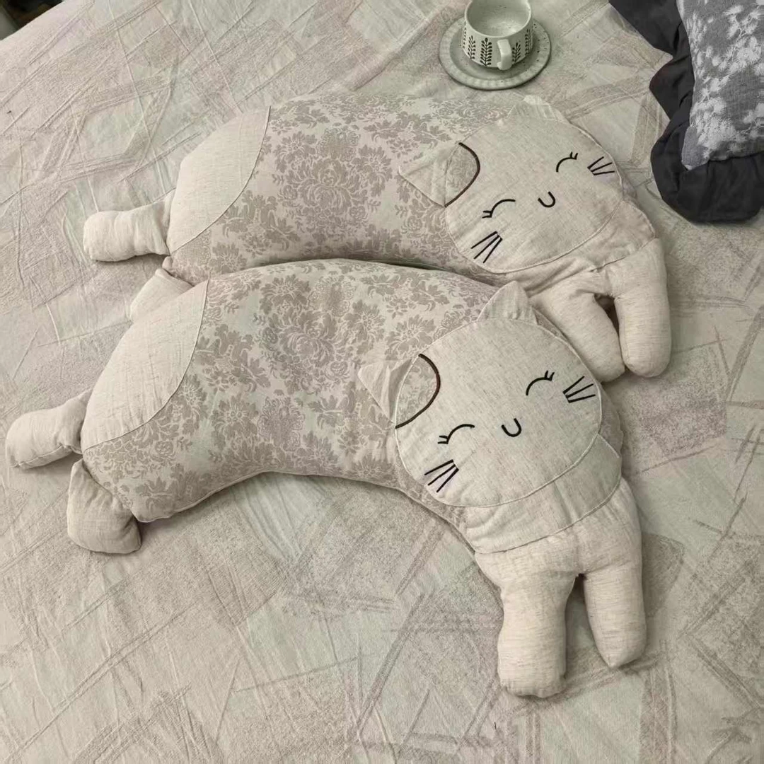 高端棉麻猫咪荞麦枕可拆卸带内胆