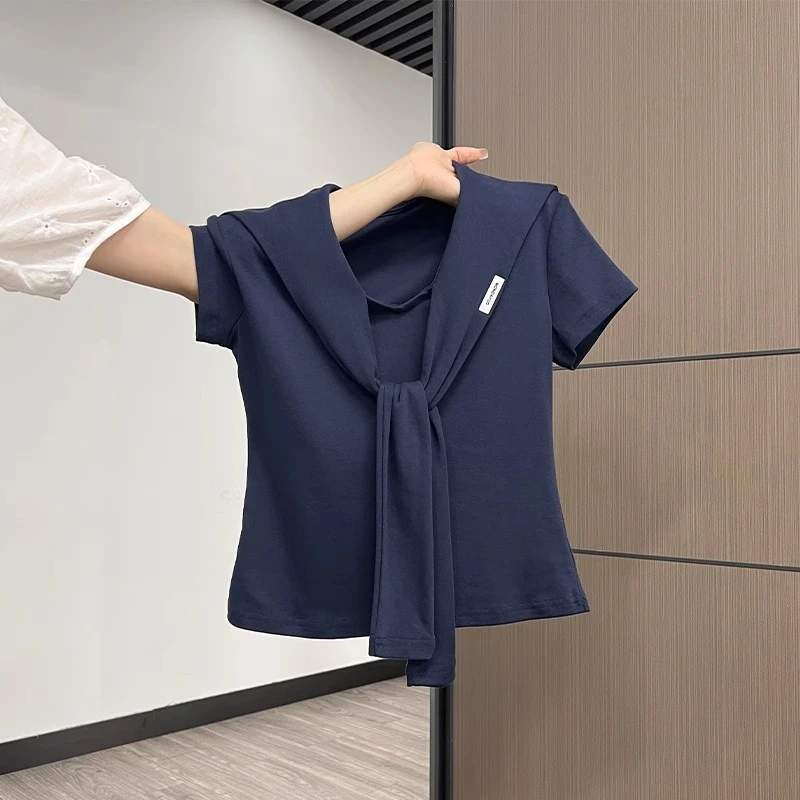 藏蓝色正肩短袖T恤女2025夏季新款披肩海军领设计感修身显瘦上衣