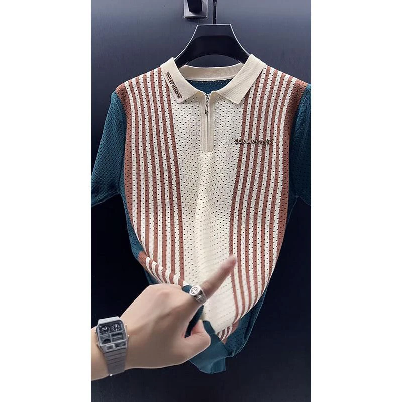 欧货轻奢高定休闲男装上衣2025夏季新款字母刺绣撞色条纹Polo衫潮