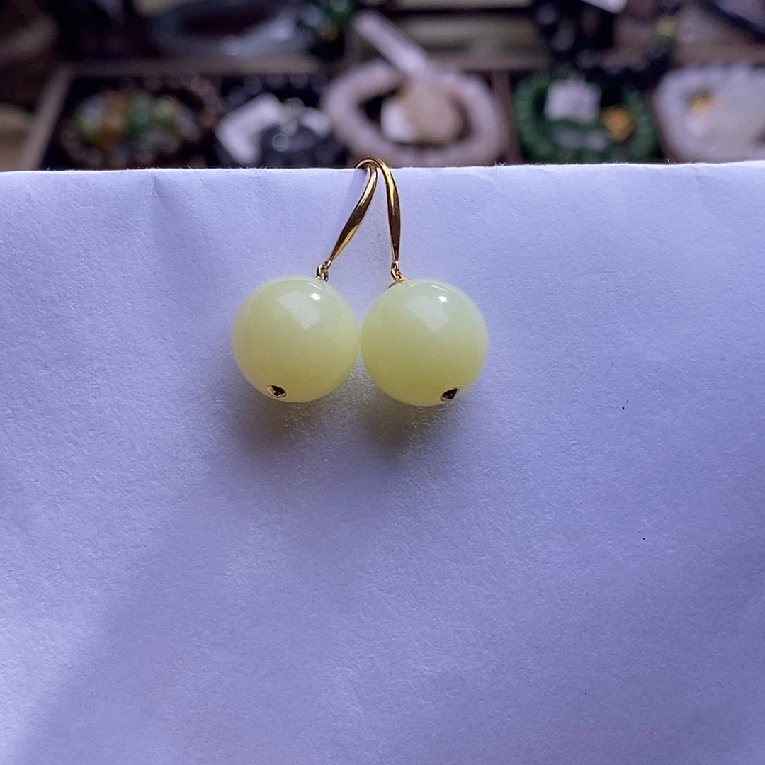 颈饰未镶嵌和田玉精品新疆若羌黄口鸡油黄金镶圆珠耳环12m