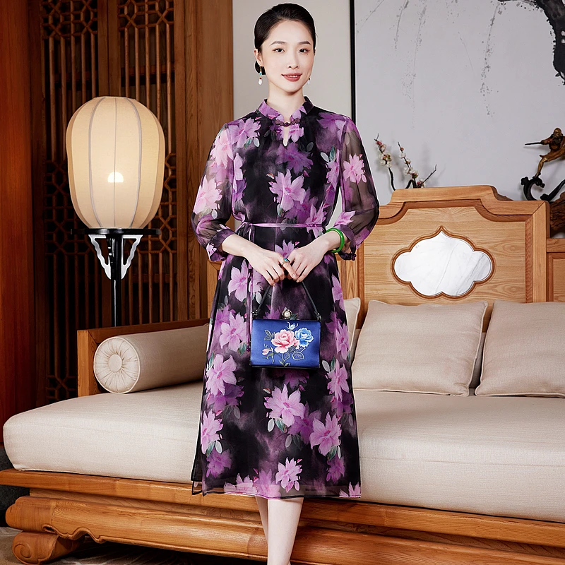 【花开漫身】100桑蚕丝乔其夏复古中式修身气质母亲节连衣裙W25007