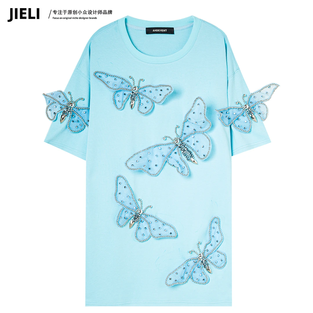 JIE LI/街力设计感小众减龄百搭显瘦蝴蝶蓝色短袖蓝色T恤女T7297