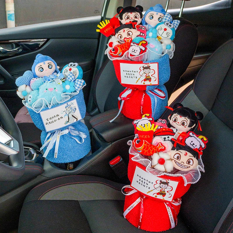 创意哪吒敖丙卡通毛绒玩偶娃娃仿真花束成品生日礼物送玩偶花束