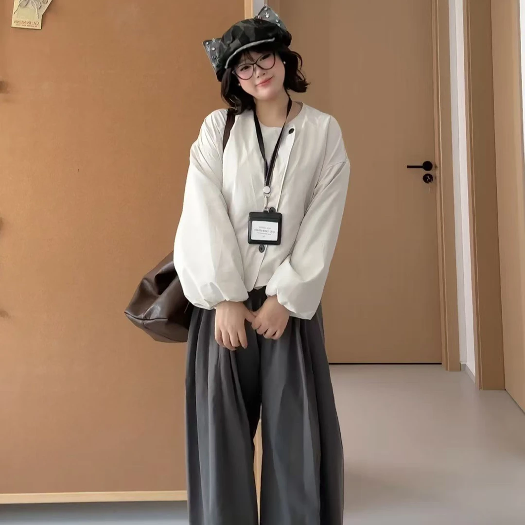 韩系减龄显瘦短款外套搭配宽松阔腿裤秋季一整套穿搭