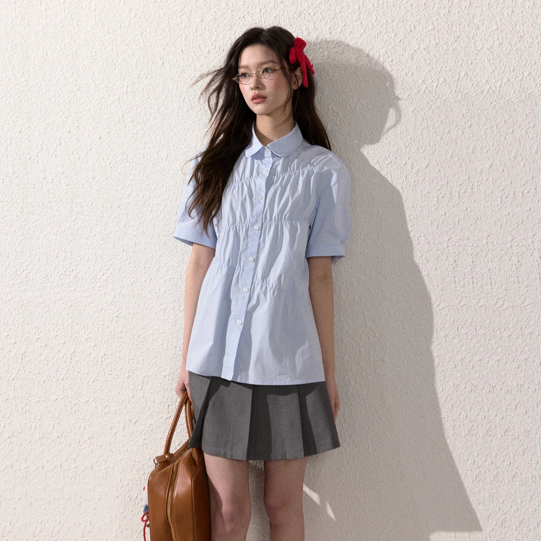 NEOTCG夏季蓝色衬衫女短袖新款设计感褶皱潮流宽松休闲高级感衬衣