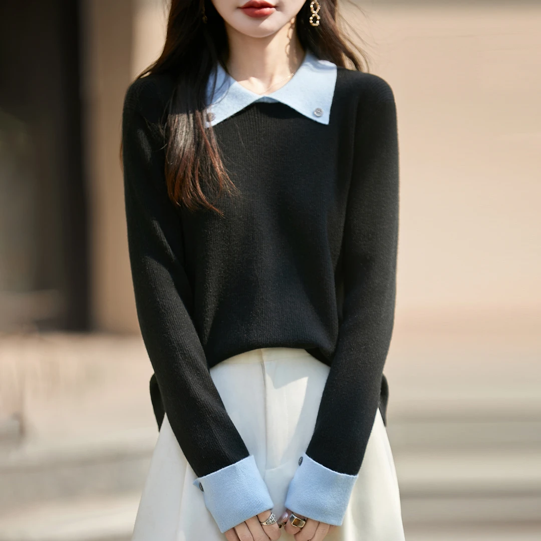 品牌翻领撞色打底衫针织衫长袖时尚百搭洋宽松秋冬套头