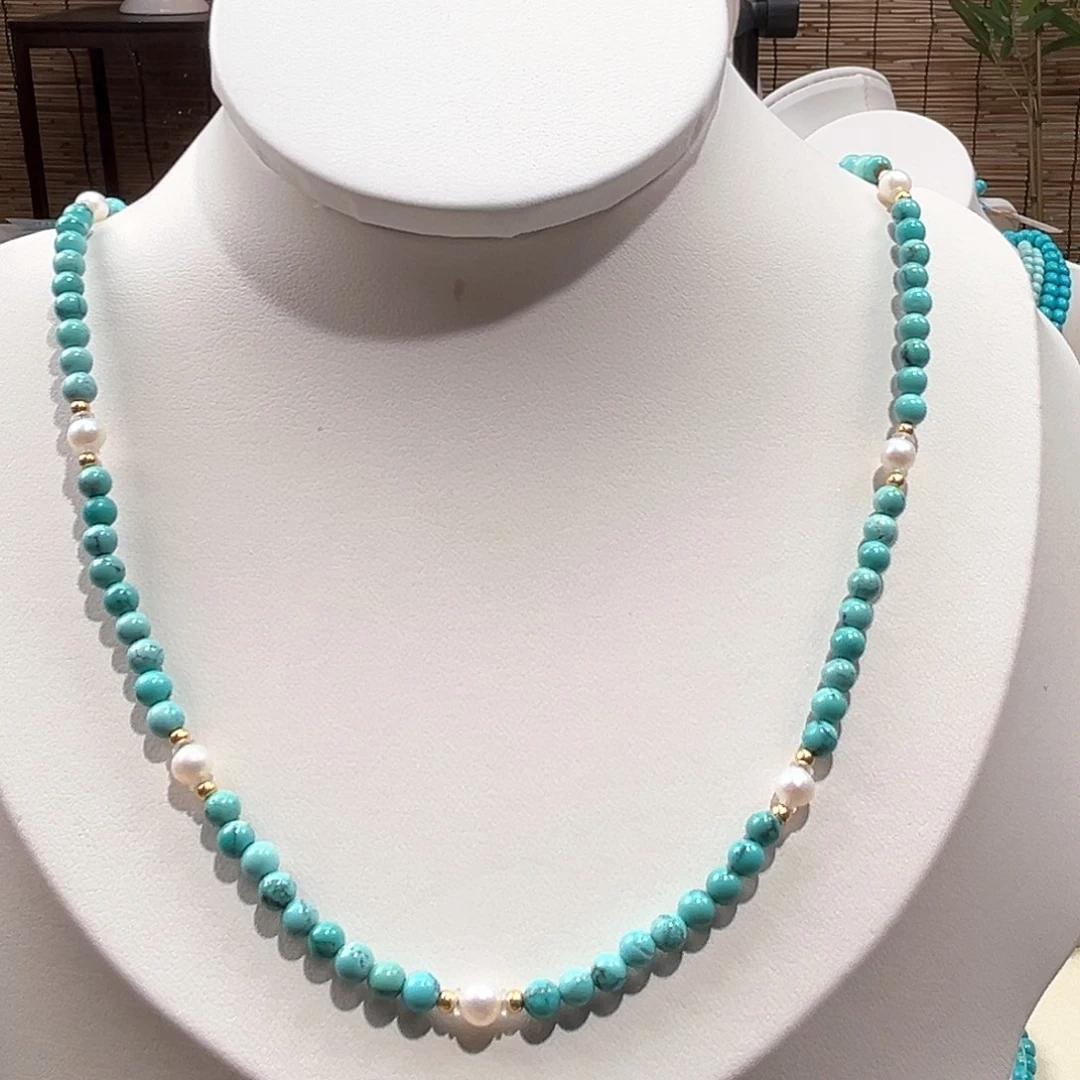 绿松石未镶嵌12圆珠锁骨链放漏卡3+