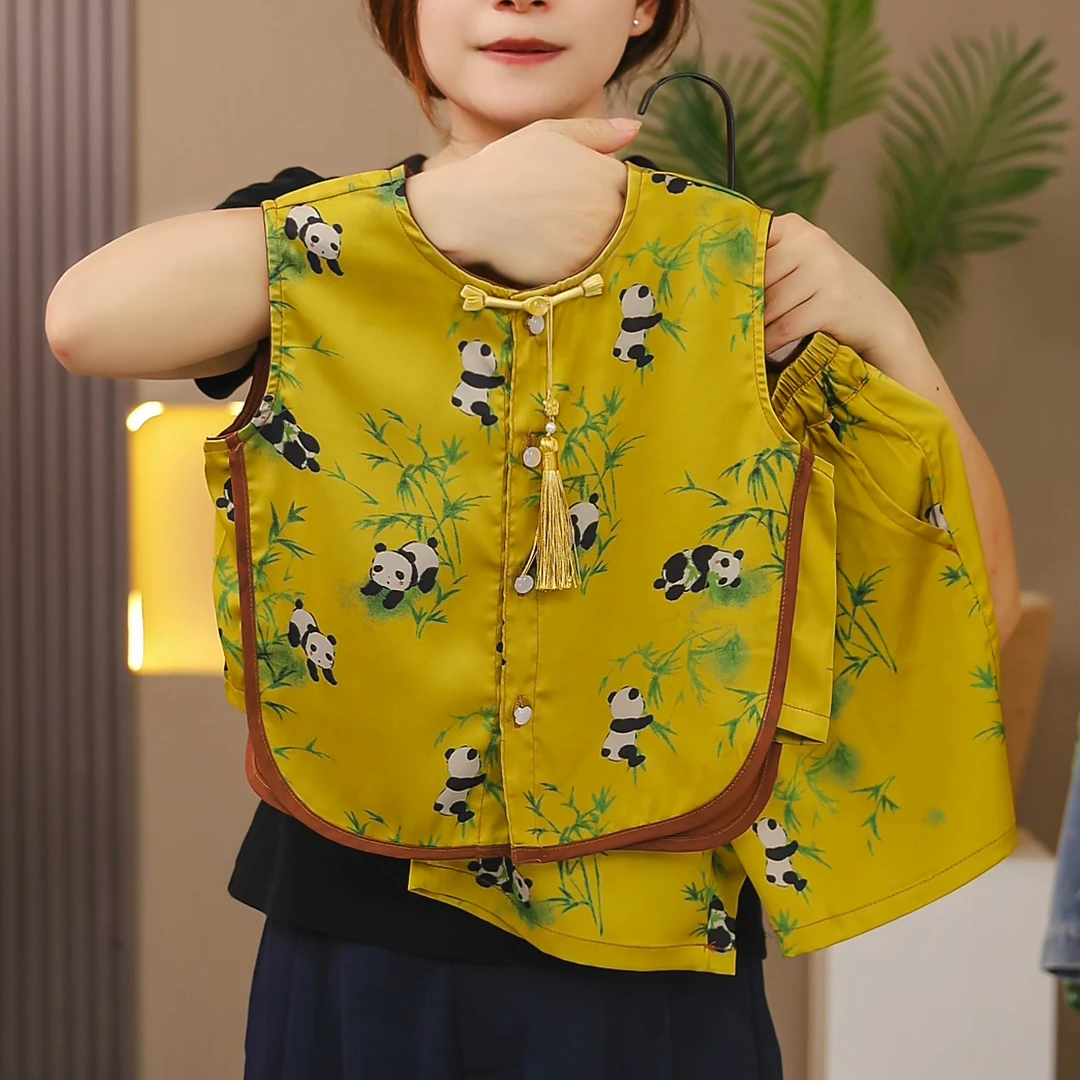 儿童汉服男童女童夏季新款童装熊猫竹子宝宝古风无袖上衣清凉薄款