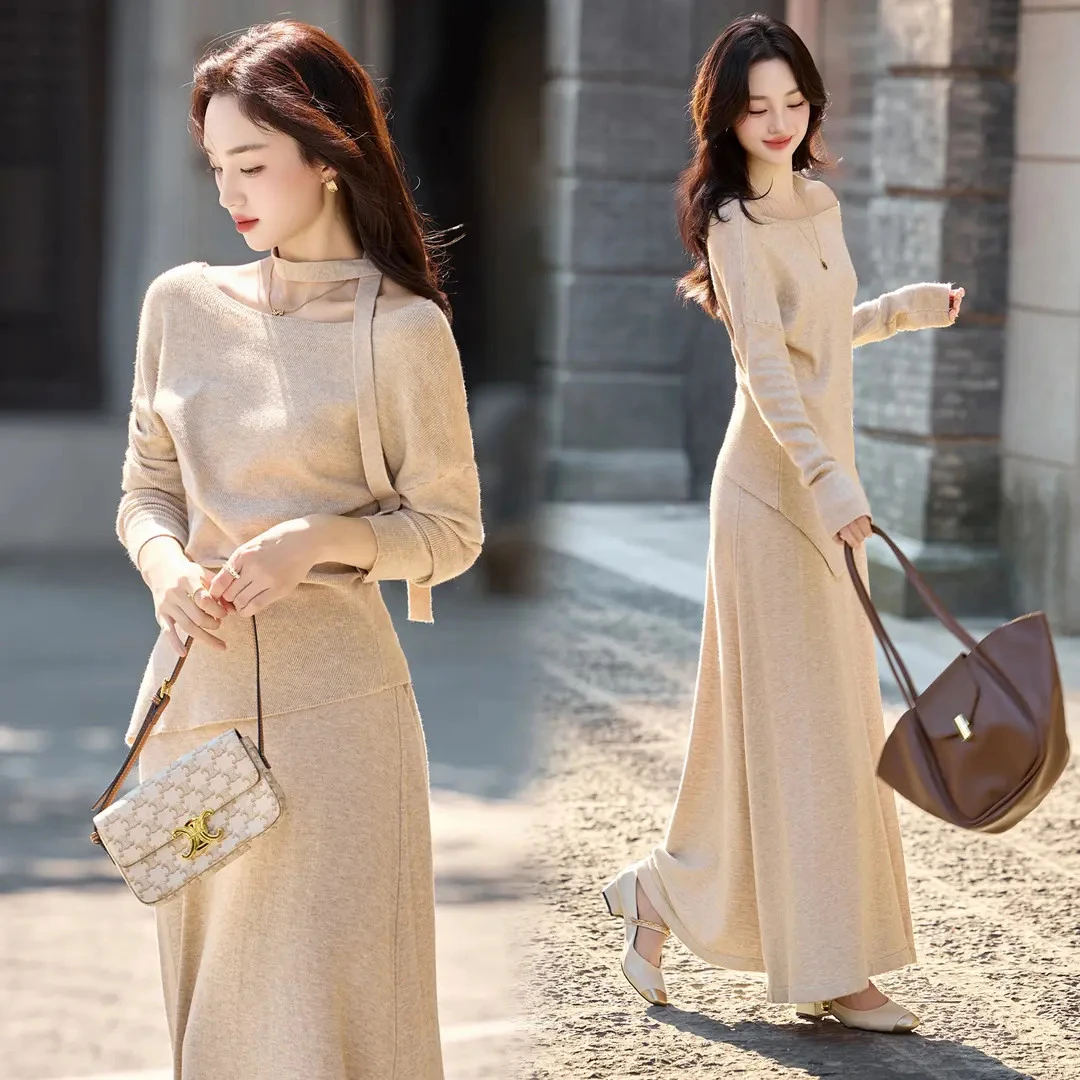 慵懒风一字肩针织套装裙女2025秋季新款时尚气质长袖半身裙两件套