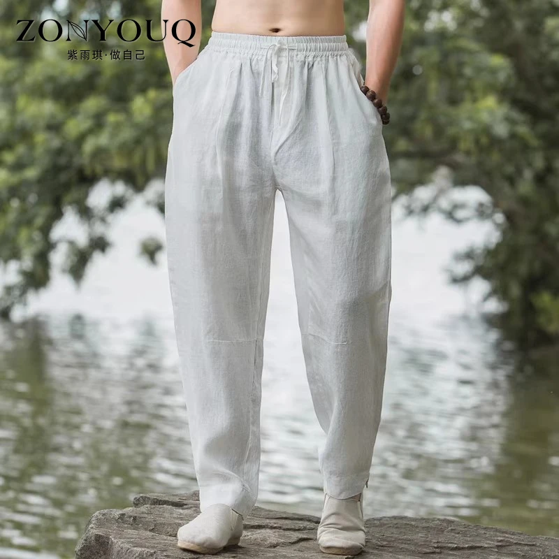 ZONYOUQ休闲裤男士夏季薄款亚麻透气宽松阔腿裤时尚简约潮流长裤