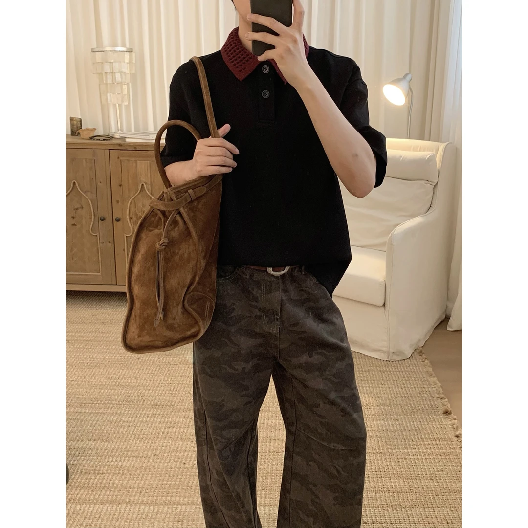 阿茶与阿古撞色手工钩花领POLO衫男夏季宽松短袖t恤上衣A2505121