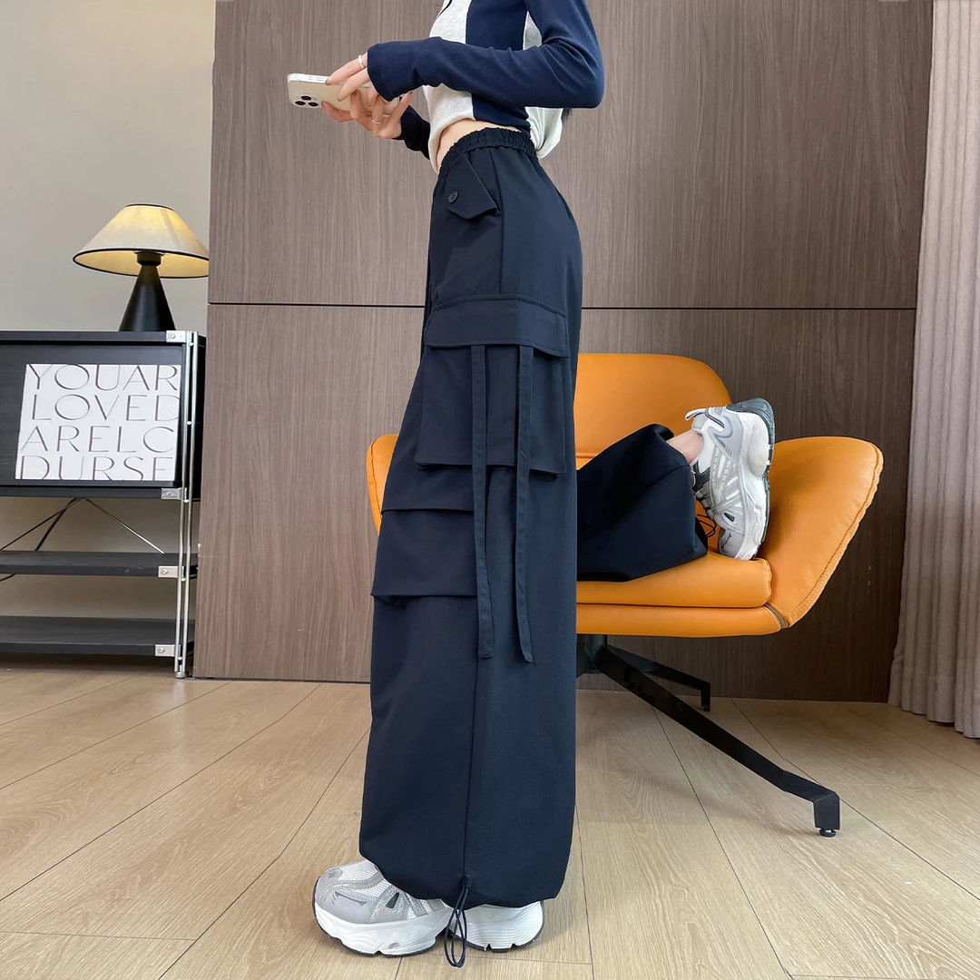 藏蓝色美式工装裤女秋冬季加绒新款高腰酷飒风户外登山运动阔腿裤