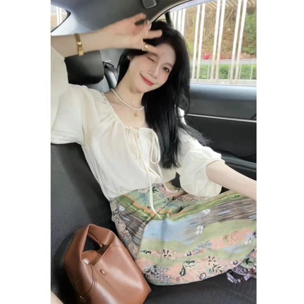 法式气质优雅荷叶边小衫复古高腰设计感油画花色半身裙时尚两件套