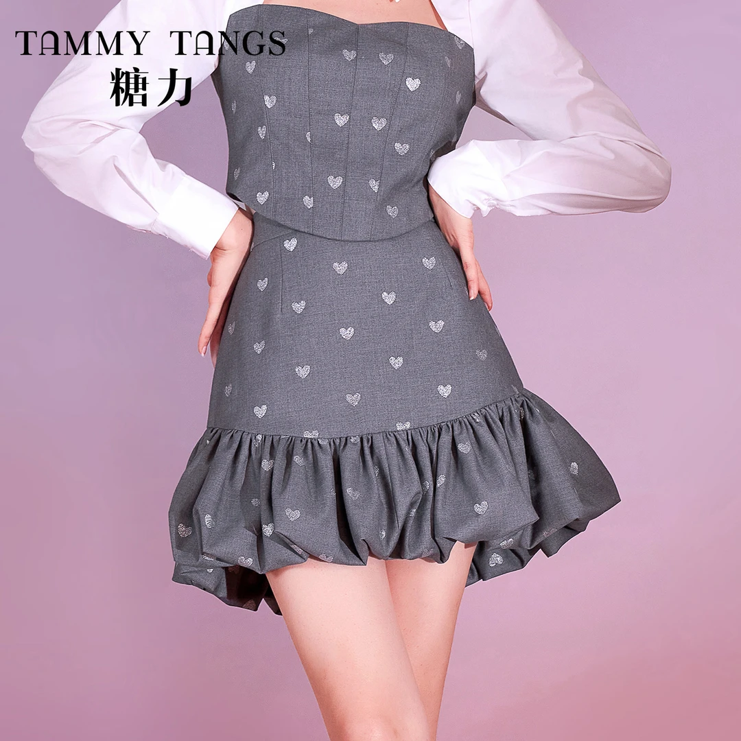 【官号专属】糖力 甜酷风高腰显瘦蓬蓬花苞短裙闪银爱心半身裙女