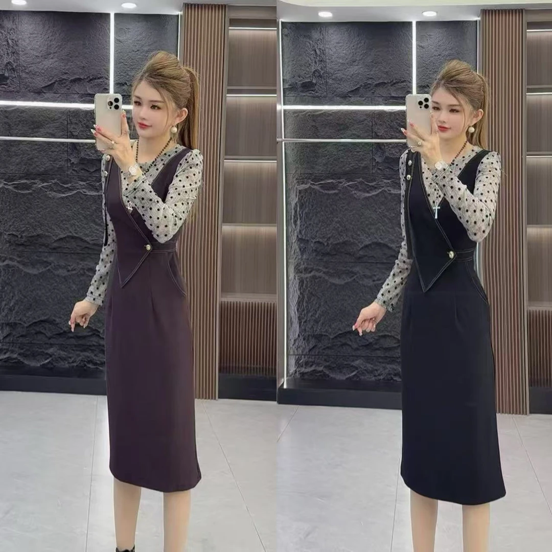 秋款0805 时尚洋气收腰假两件连衣裙