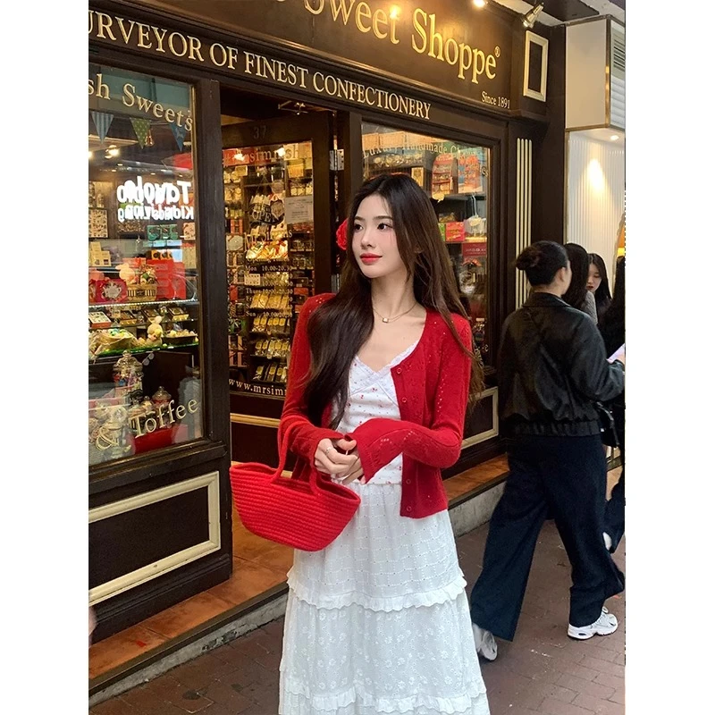 韩系百搭复古红色镂空短款针织开衫女春秋款洋气显瘦防晒长袖上衣